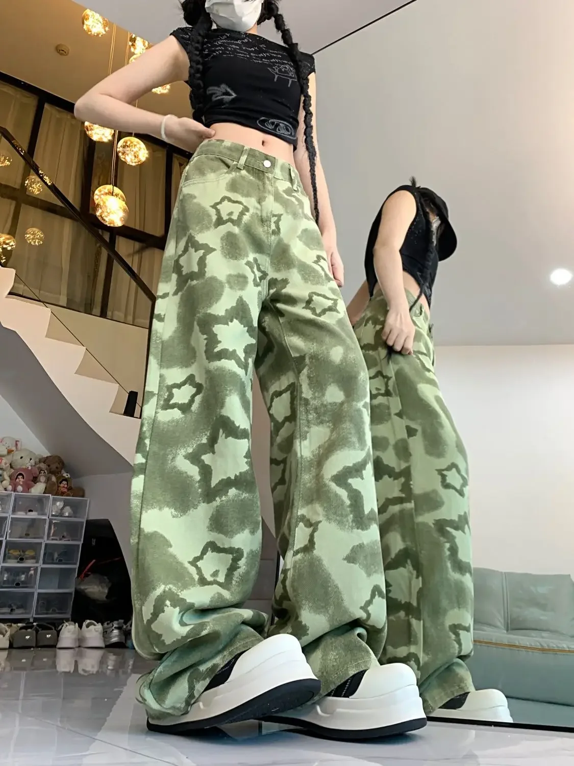 Green camouflage work pants for women in spring, summer, autumn, new trendy brands, niche loose wide leg pants