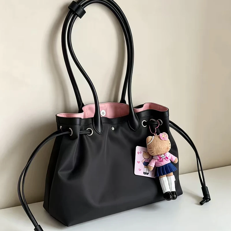 Women Nylon Drawstring Tote Bag Large Capacity Contrast Color Lining Shoulder Bag Casual Work Shopping Top‑Handle Handbag