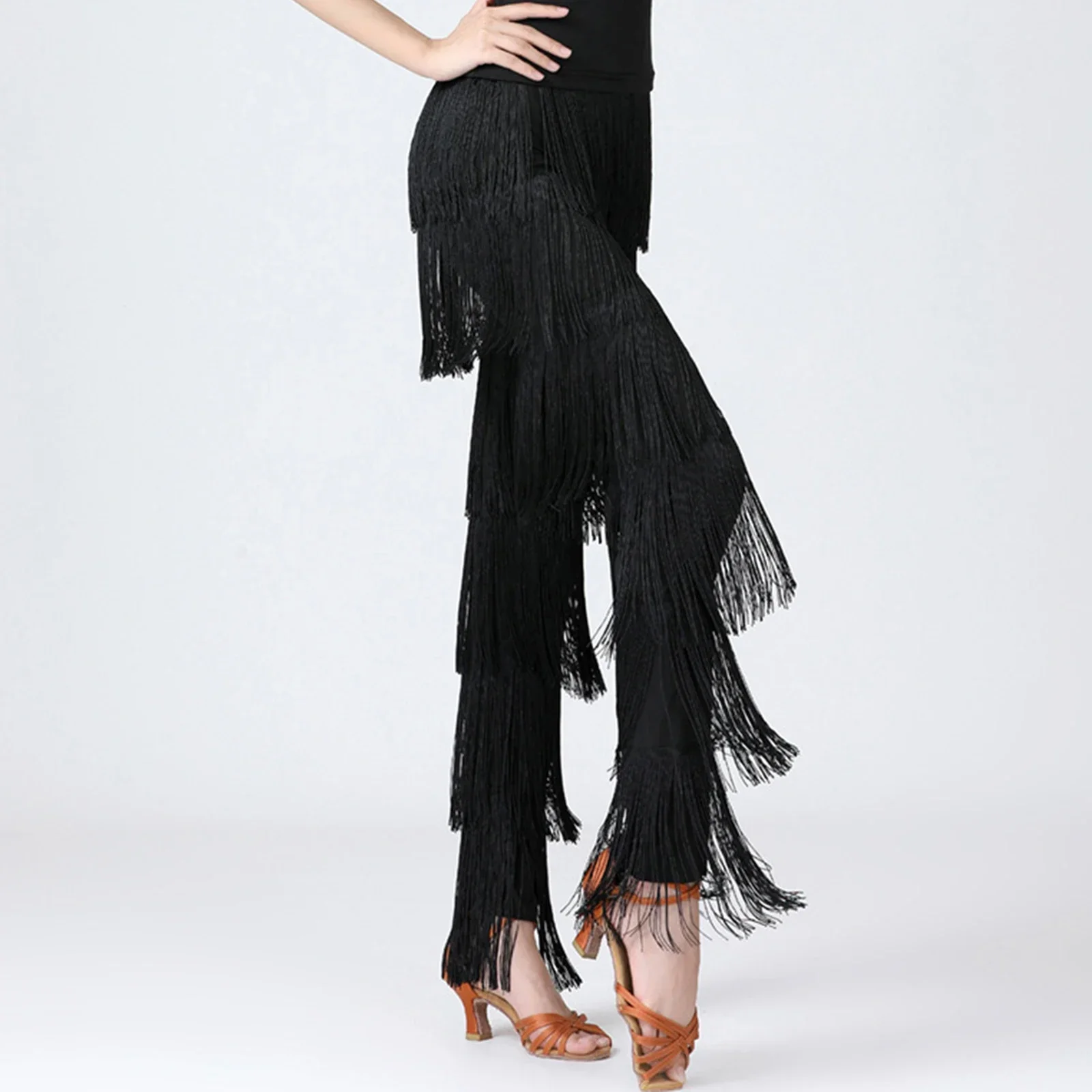 Women Fringe Latin Dance Pants Cha Cha Tango Dancing Performance Costume Elastic Waistband Tiered Samba Fringe Tassel Trousers