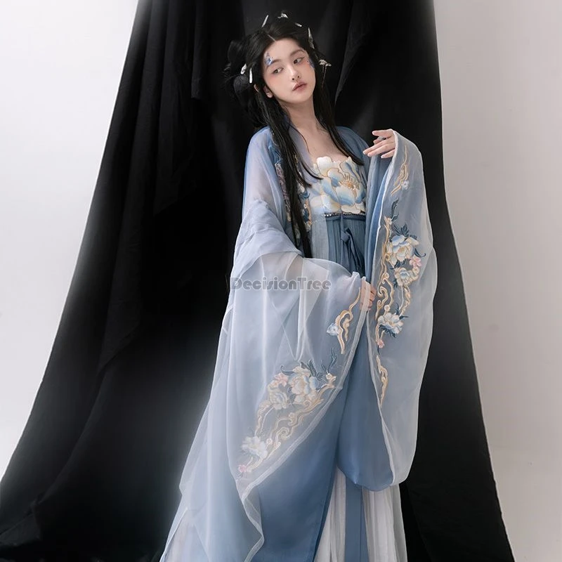 2024 chinese tang dynasty folk dance hanfu suit wide sleeves gradient strapless gauze dress fairy daily exquisite embroidery set