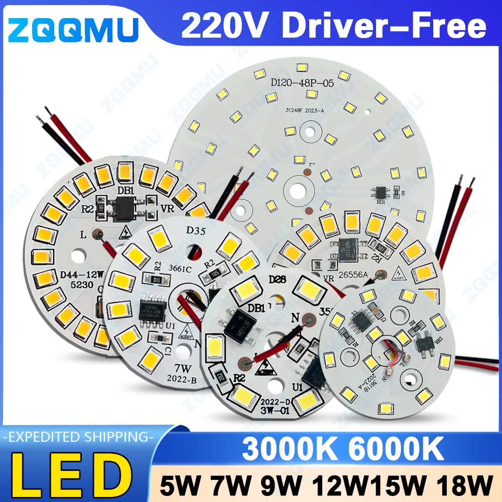 1 Piece AC 220V Driver-free 3W 5W 7W 9W 12W 15W 18W White And Warm White SMD 2835  Round Light Beads LED Light Bulb PCB Board