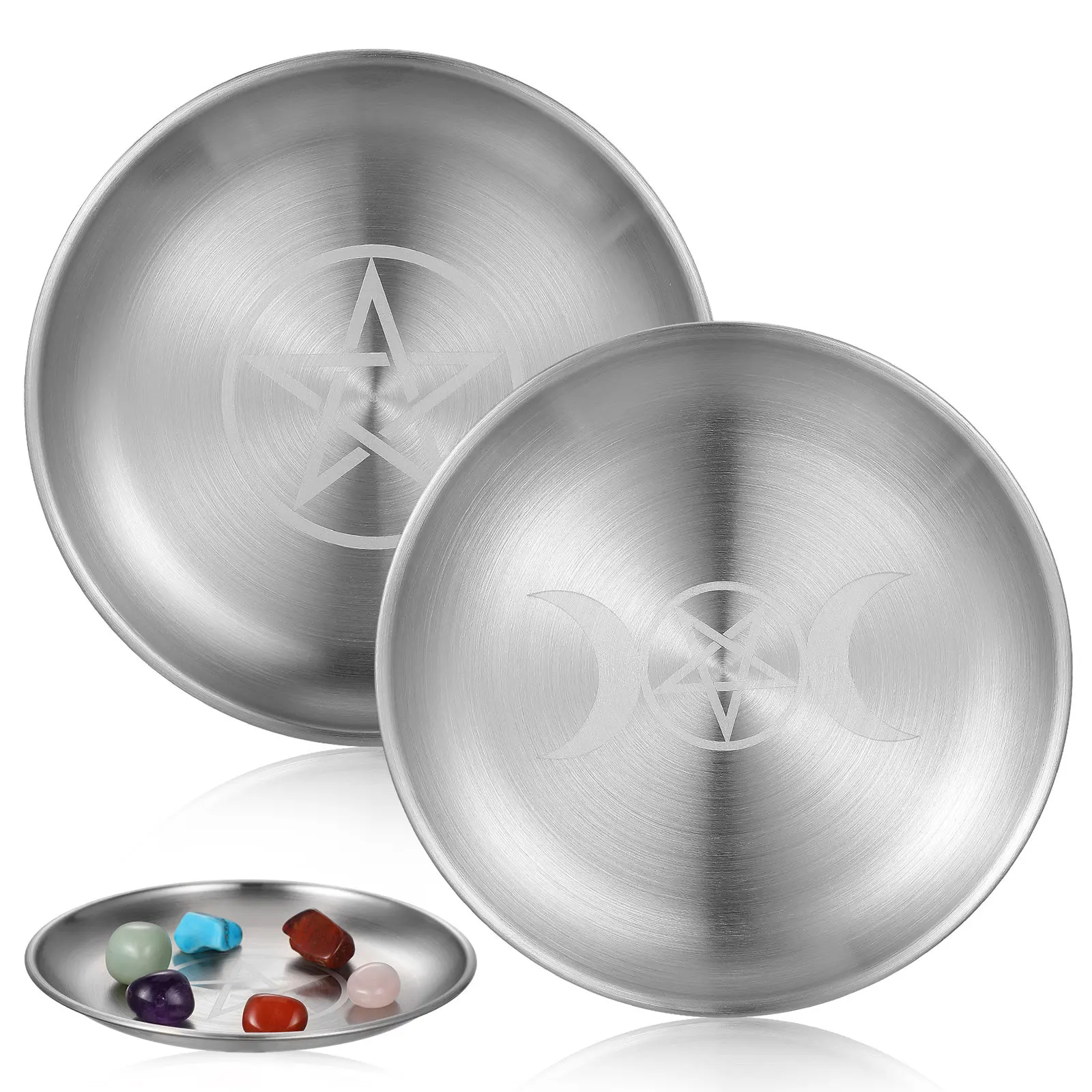 2Pcs Silver Pentagram Storage Tray Ritual Plate Iron Flat Bowl Jewelry Dish Prayer Offering Astrology Ring Trinket Holder