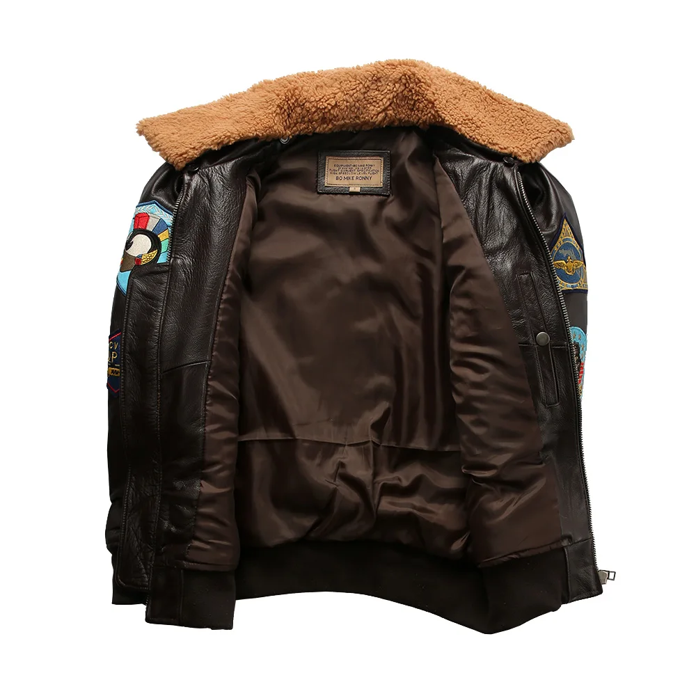 Top Gun 100 % echte Jacken, Rindsleder, Wollkragen, braun, schwarz, Kleidung, Motorrad-Stickerei, Unisex, echter Ledermantel – Detail 10