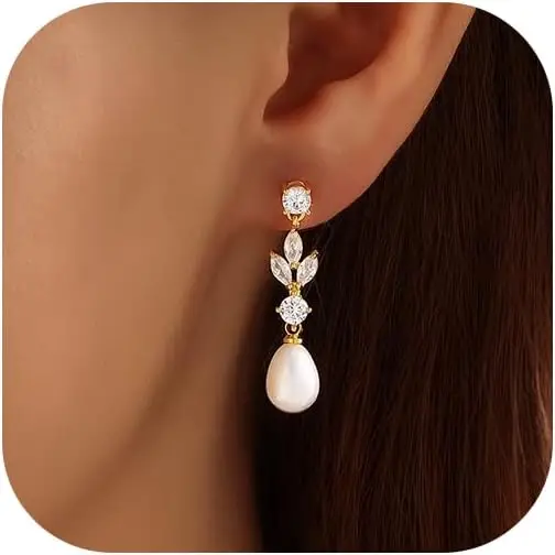 Perlenohrringe für Damen, 14k Vergoldete Trendige Diamant-Perlen-Tropfenohrringe Brautparty-Geschenke Hochzeitsschmuck Geschenke für Frauen
