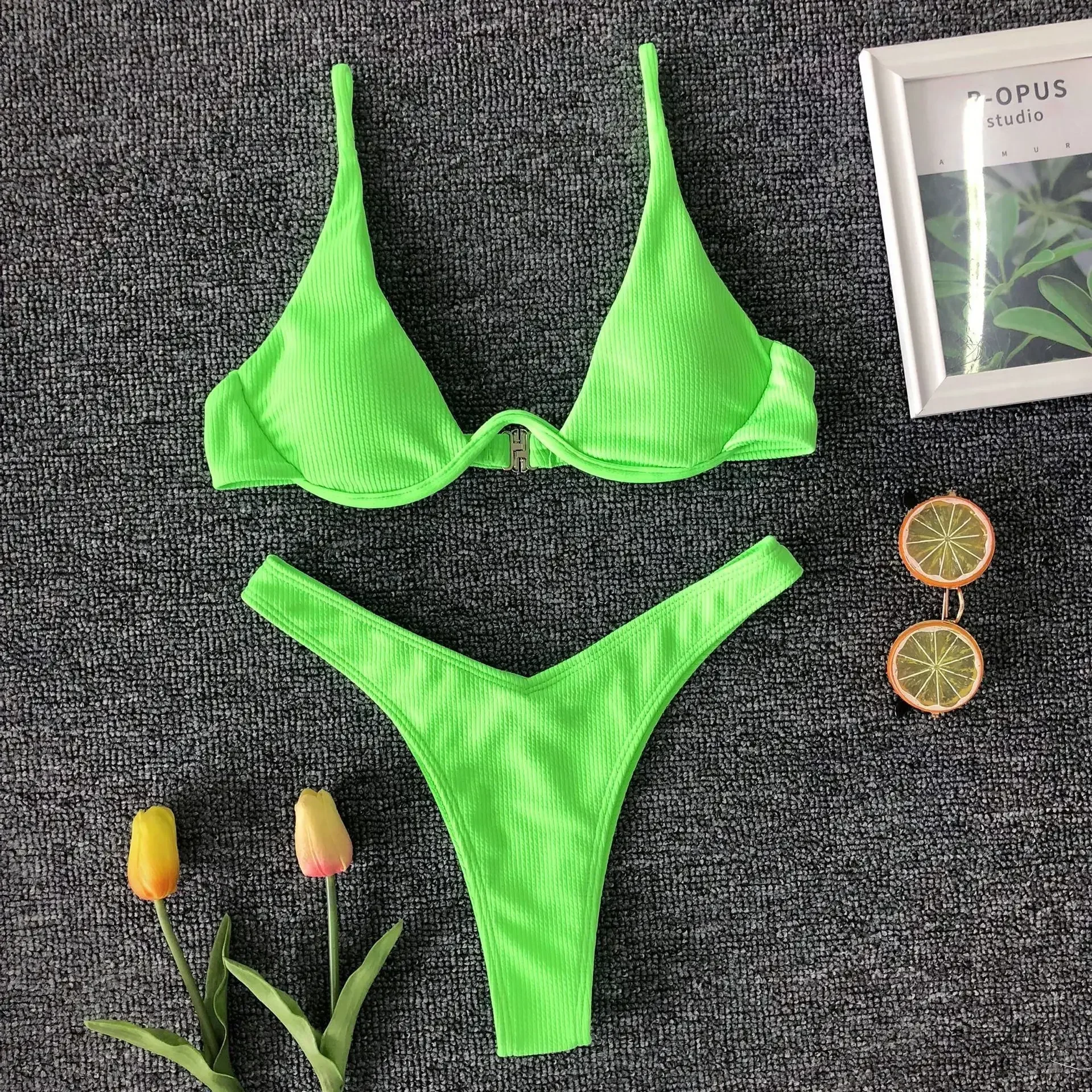 Neon Green Sexy Underwire Bikini Set 2024 Women Solid Leopard Push Up Micro Swimsuit Summer Bathing Suit Thong Swimwear Biquini