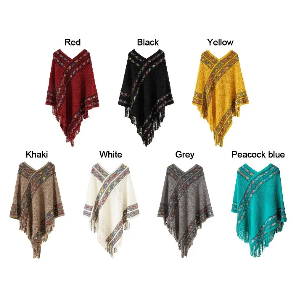 Fashion Mongolian Poncho Women\'s Soft Ethnic Style Knitted Cape Rhombic Stripe Tassel Shawl Coat Overlays Knitting Wraps