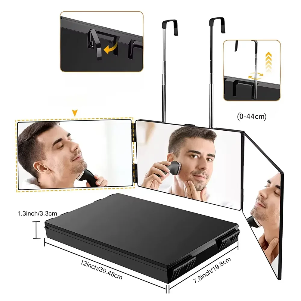 3 Way Compact Mirror for Self Hair Cutting Portable Trifold Cosmetic Mirror Makeup Vanity Mirror for Men and Women Folding Black