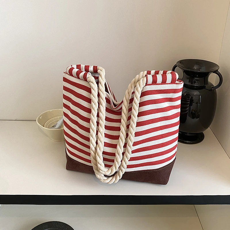 Fashion Brown White Stripe Shoulder Bag Thick Braided Rope Strap Large Storage Canvas Casual Ladies Everyday Tote Bag Сумка