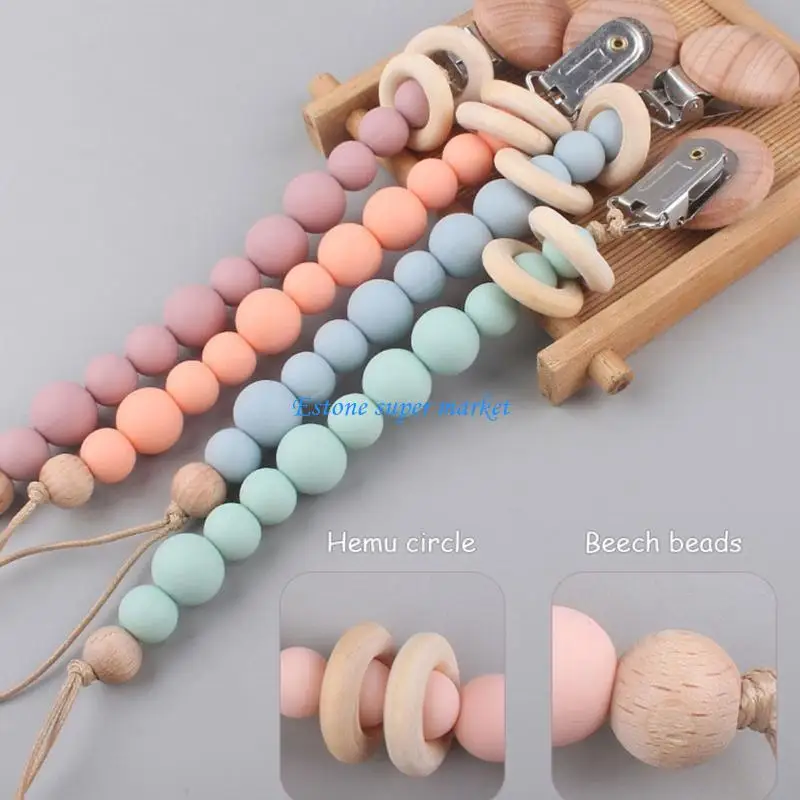 090B Baby Pacifier Chain Clip Nursing Teether Soother Holder Silicone Beads Chain Wooden Clip DIY Dummy Nipple Holder Leash