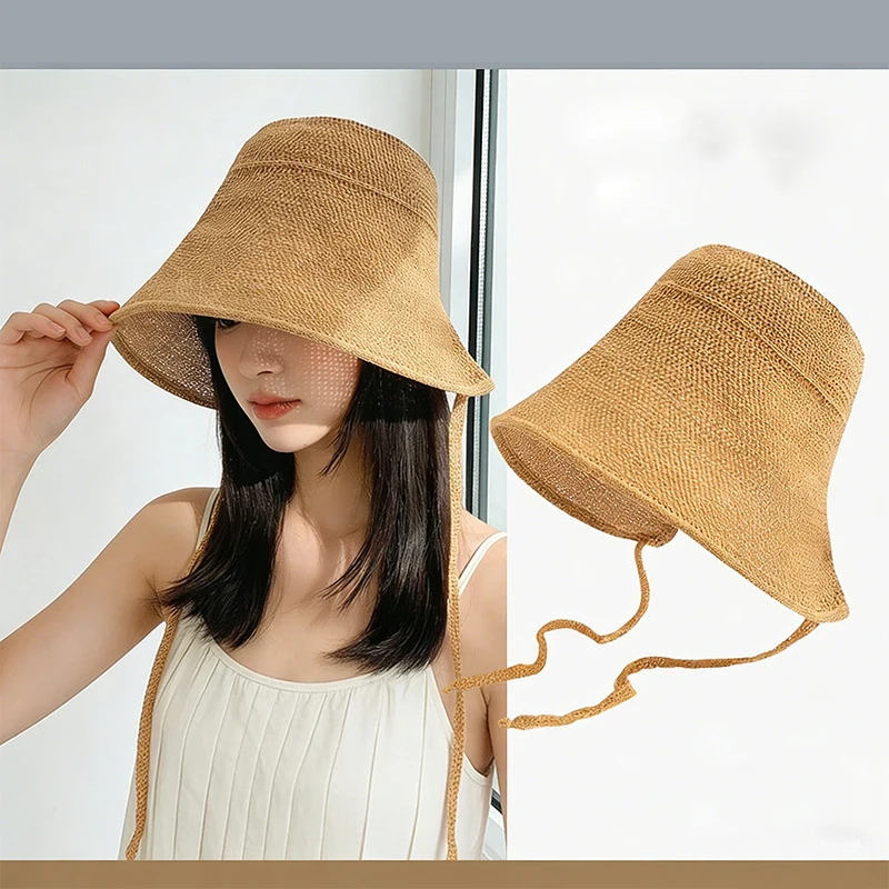 Linen Straw Regency Bonnets Hats For Women Sun Hats Bow Beach Cap Big Wide Brim Cloche Hat Chapeau Femme Lace Up Outdoor Summer
