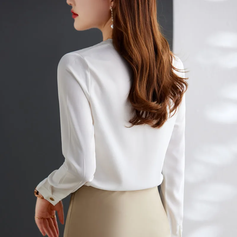 Gray V Neck Shirt Women Formal Autumn New Temperament High End OL Chiffon Long Sleeve Blouses Office Ladies Work Tops White