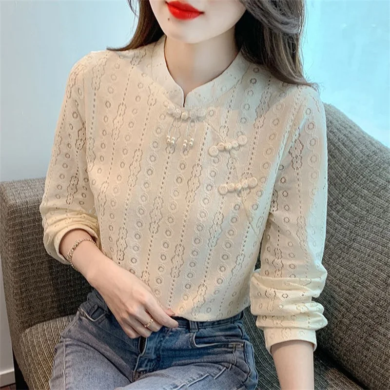 Women Spring Autumn Blouses Shirts Lady Casual Long Sleeve Stand Collar Solid Color Blusas Tops DF4758