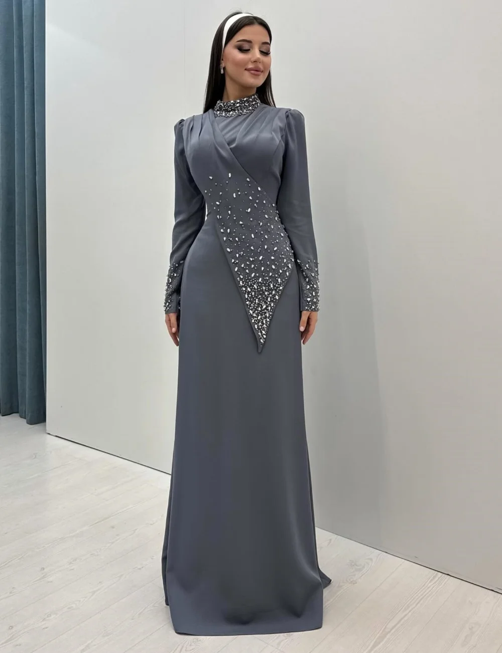 

Customized Simple Jersey Pleat Sequined A-line High Collar Long Dresses Bespoke Occasion Formal Exquisite Unisex