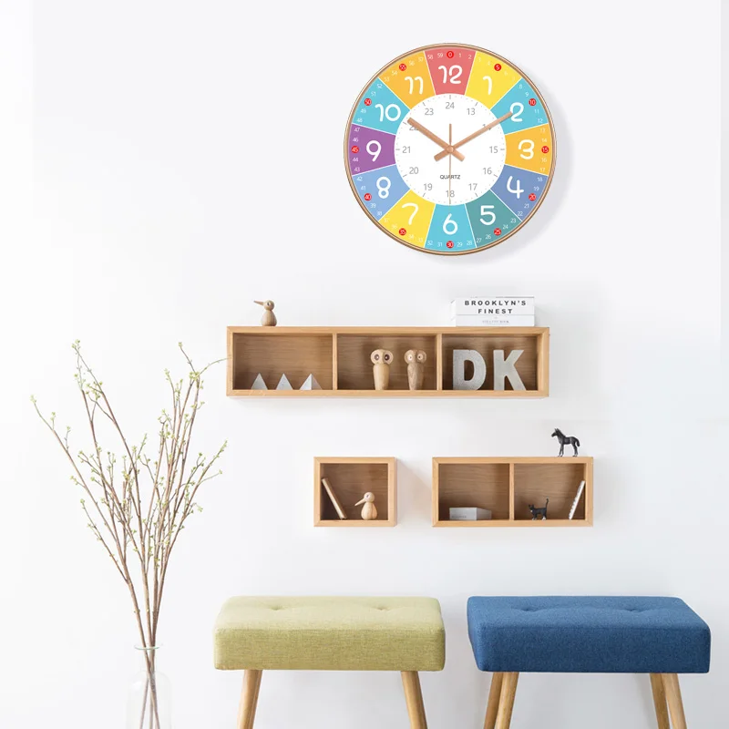 Early Education Silent Wall Clock Living Room Kids Bedroom Clock Non Ticking Analog Clock Time Teaching Wall Clock 8/10/12 Inch