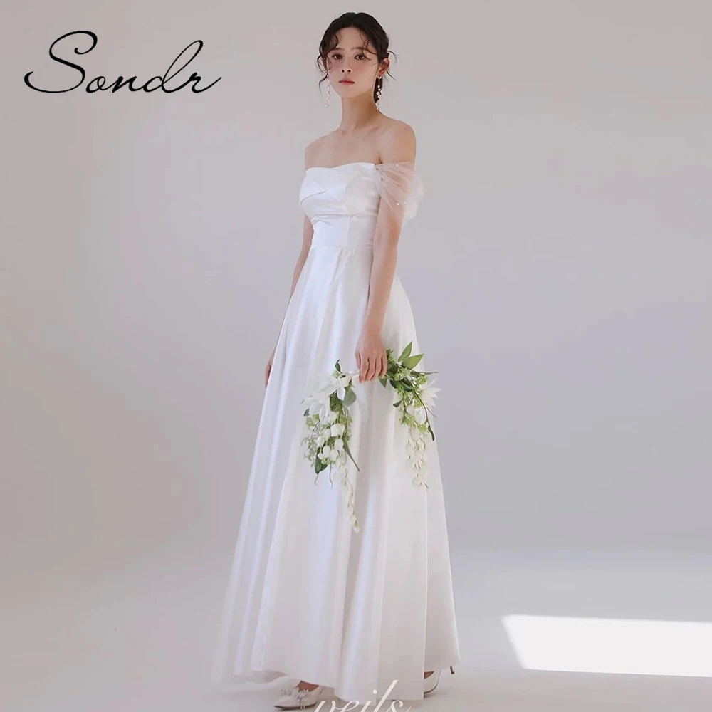 Sondr eenvoudige Koreaanse trouwjurken fotoshoot op maat gemaakte een lijn elegante bruiloft receptie jurk uit de schouder feestjurk