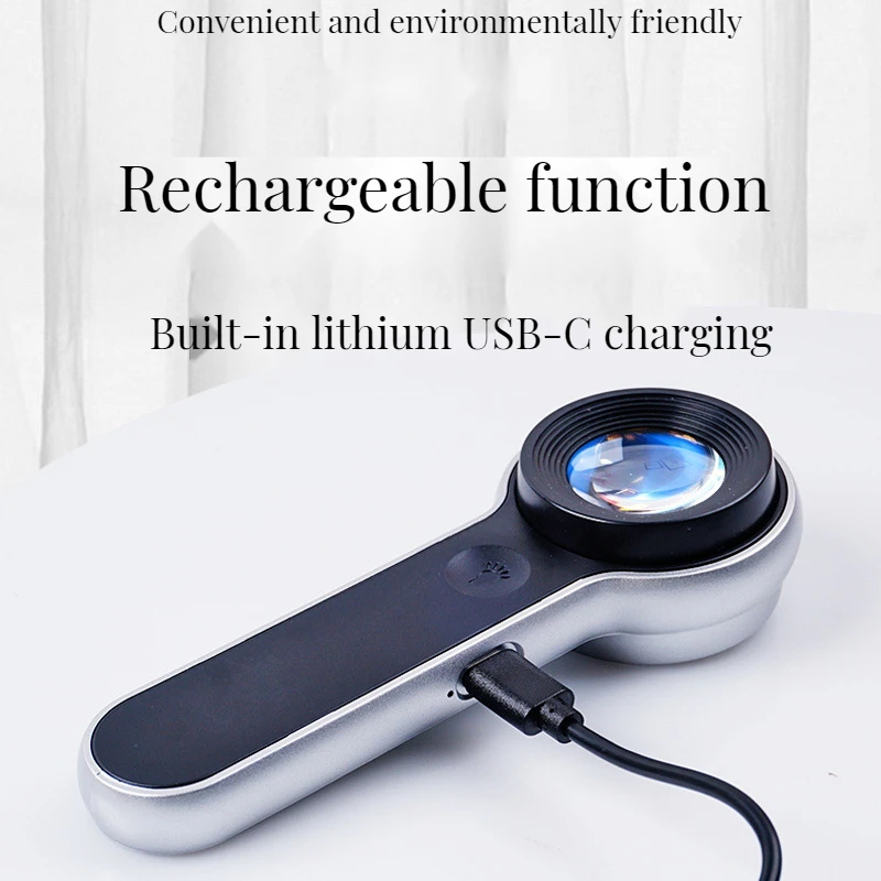 10X Handheld Portable Illumination Magnifier Magnifying Glass Loupe Tool Hd Usb Charging with Led Uv Light for Jewelry Reading