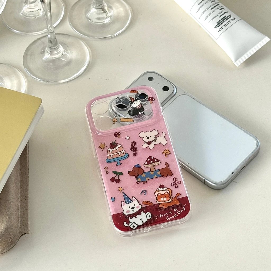 لطيف الوردي القط الألماني الكلب كعكة الكتابة على الجدران مع الحبل للصدمات واقية غطاء الهاتف آيفون 17 16 15 14 برو ماكس