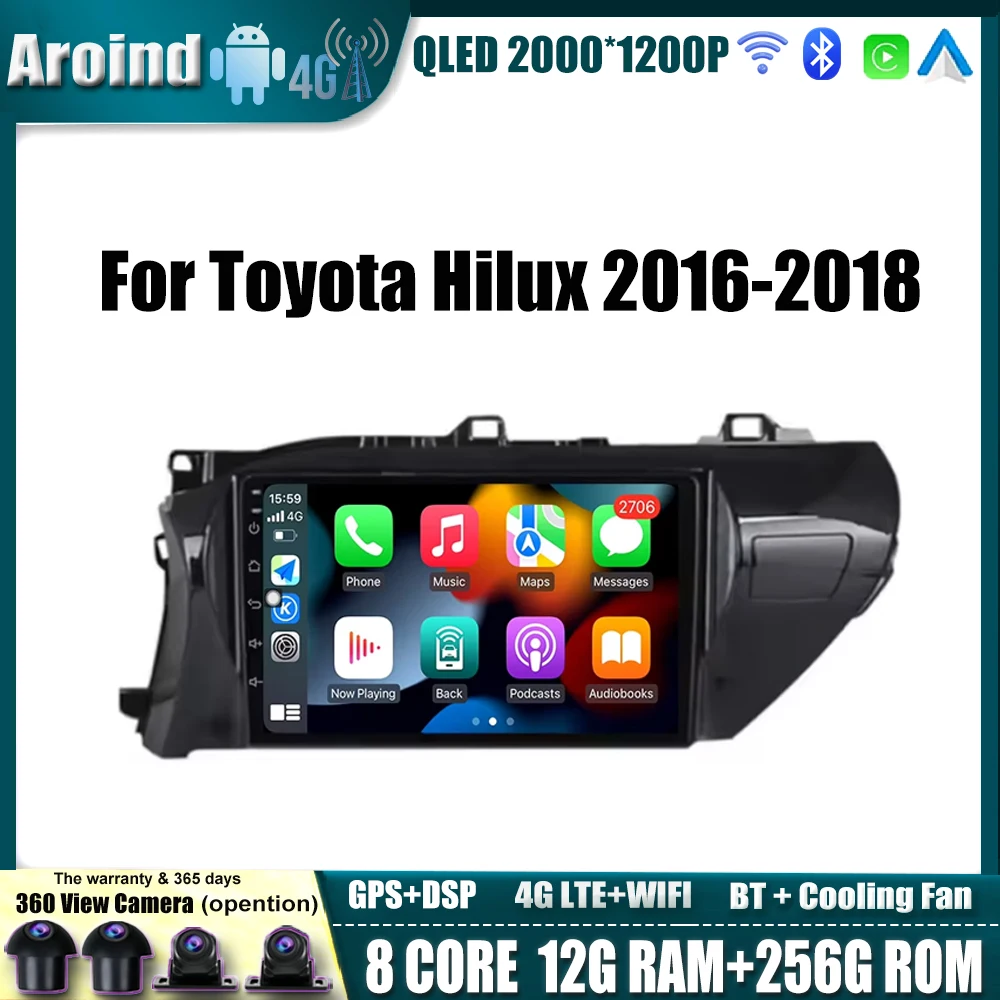 Android Auto Car Radio For Toyota Hilux 2016 2017 2018 QLED Touch Screen 9inch Multi-media Player Head Unit Tools BT No 2din DVD