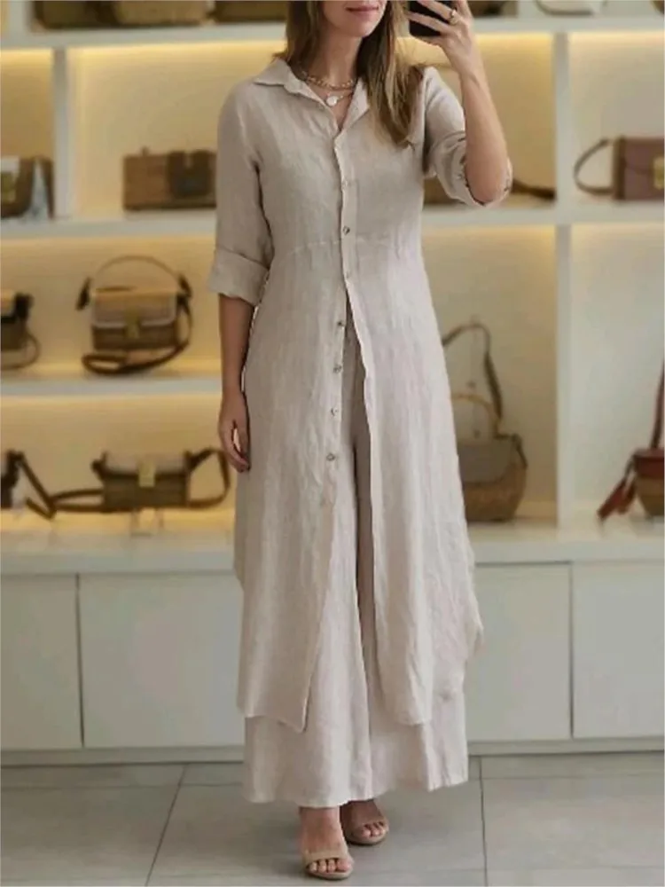 Spring Autumn Cotton Linen Loose 2 Piece Sets Casual Button Long Sleeved Women Outfit Elegant High Waist Wide Leg Pants Set Suit