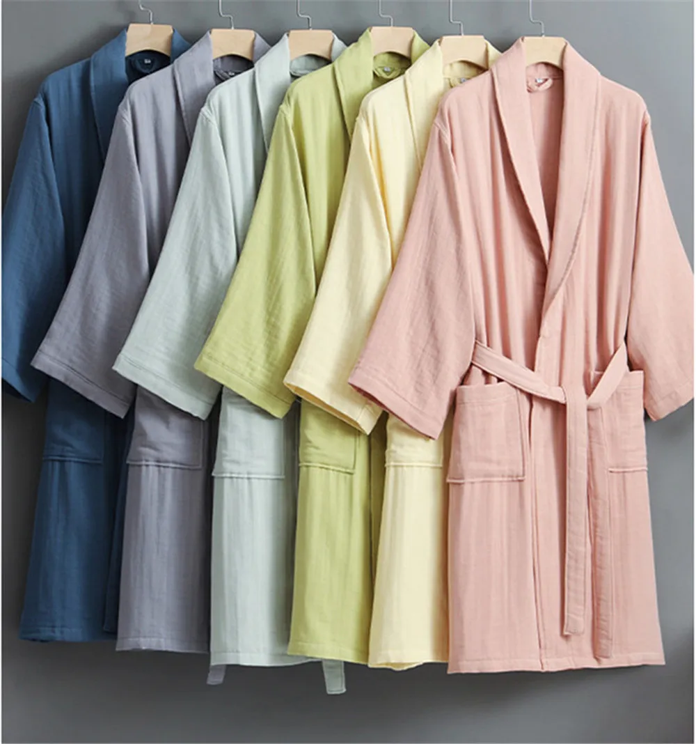Solid Color Cotton 4 Layer Gauze Bathrobe For Couples Spring Autumn Homewear Absorbent Quick-dry Hotel Robes