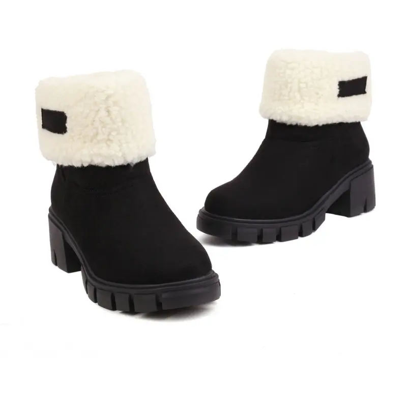 2022 Winter Warm Thick Faux Fur Lined Platform Square Chunky Med Heels Womens Snow Boots Plush Inside Heat Warmer Ankle Shoes