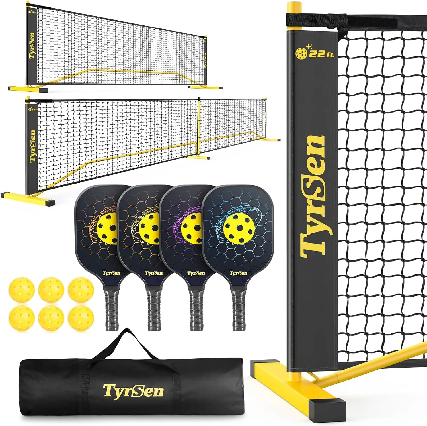 Set with Net, 22 FT & Half Court 11 FT Pickleball Net, 4 Fiberglass Rackets, Portable Pickleball Set, Pickle Ball Net