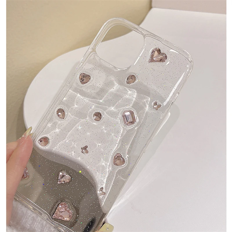 Korea Glitter Pink Diamond Heart Epoxy Phone Case For iPhone 14 13 12 11 Pro Max X XS XR 7 8 SE 3 Clear Silicone Cover Funda