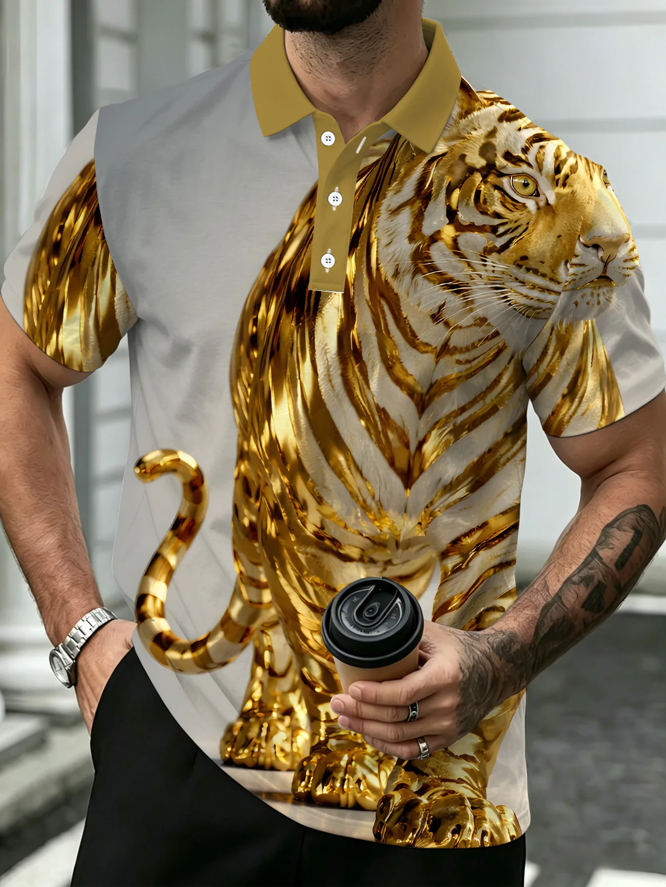 New men's short-sleeve polo shirt T-shirt, loose-fitting and tailored with printed patterns, versatile basic crew-neck top suita