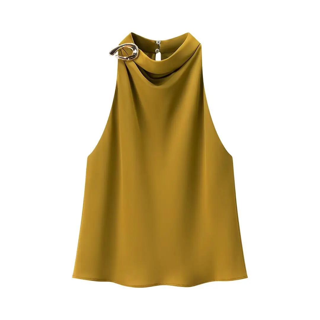 Women's Solid Color Halter Neck Tank Sleeveless Satin Blouse Metal Decorative Vest Stylish Elegant Casual Summer & Office Top