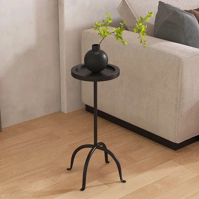 Round Metal Drink Table Slim Pedestal Accent Stand With Removable Tray Black For Living Room Bedroom Sofa Couch Corner Display