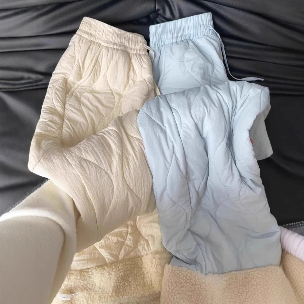 กางเกงขากว้างผ้าขนแกะสำหรับผู้หญิงในฤดูใบไม้ร่วงและฤดูหนาว กางเกงผ้าฟลีซและผ้าฝ้ายหนา และกางเกงวอร์ม