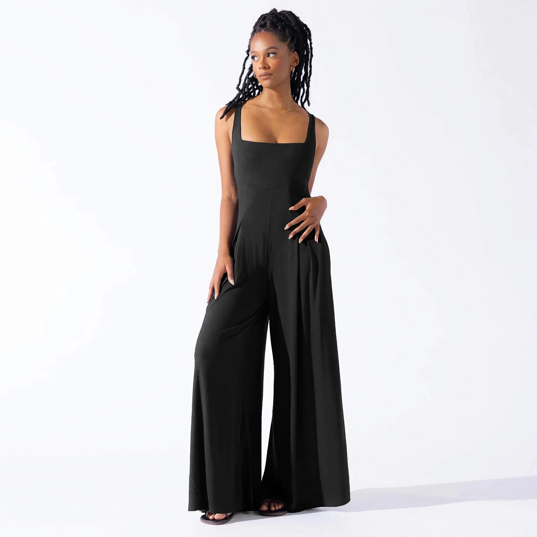 Women's Summer New Fashion Casual Sexy Broad Leg Rompers with Square Neck and Backless Solid Color Slim-fit Jumpsuit Long Pants