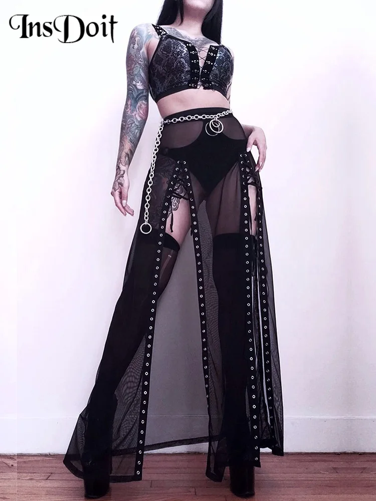 

InsDoit Gothic Eyelet Bandage Black Mesh Skirt Women Summer Split Sexy See Through High Waist Skirt Streetwear Punk Long Skirts