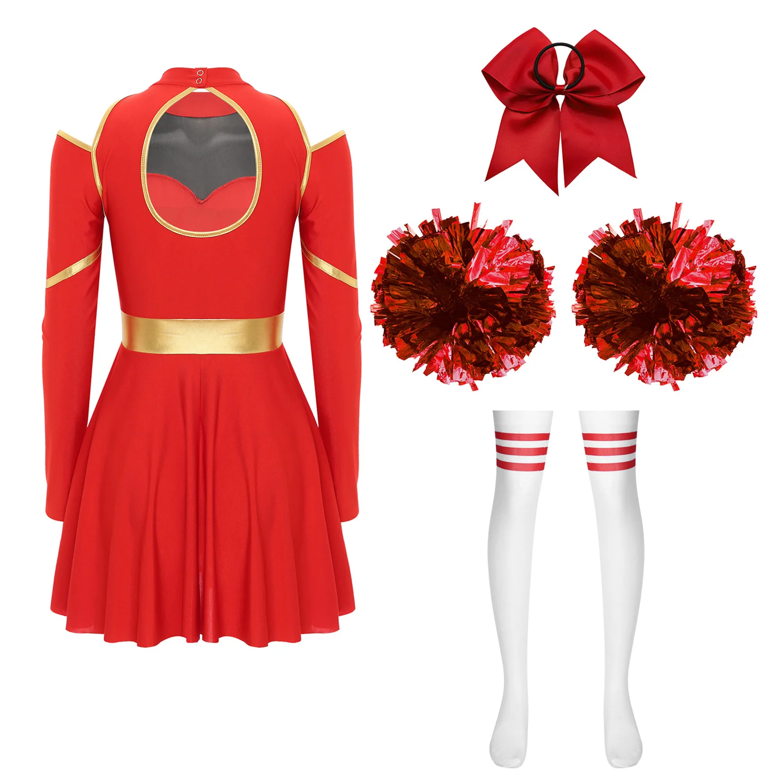 Cheerleader Outfit Cheering Uniform Women Girls Long Sleeve Dress with Pom Poms Stocks Schoolgirls Cheer Leader Dance Costumes