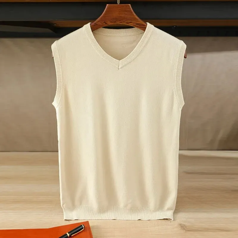 Cashmere Sweater Vest Knitted Men's Clothing Spring Autumn Casual Tank Top Men's V-neck Solid Color Pullover Loose Tops