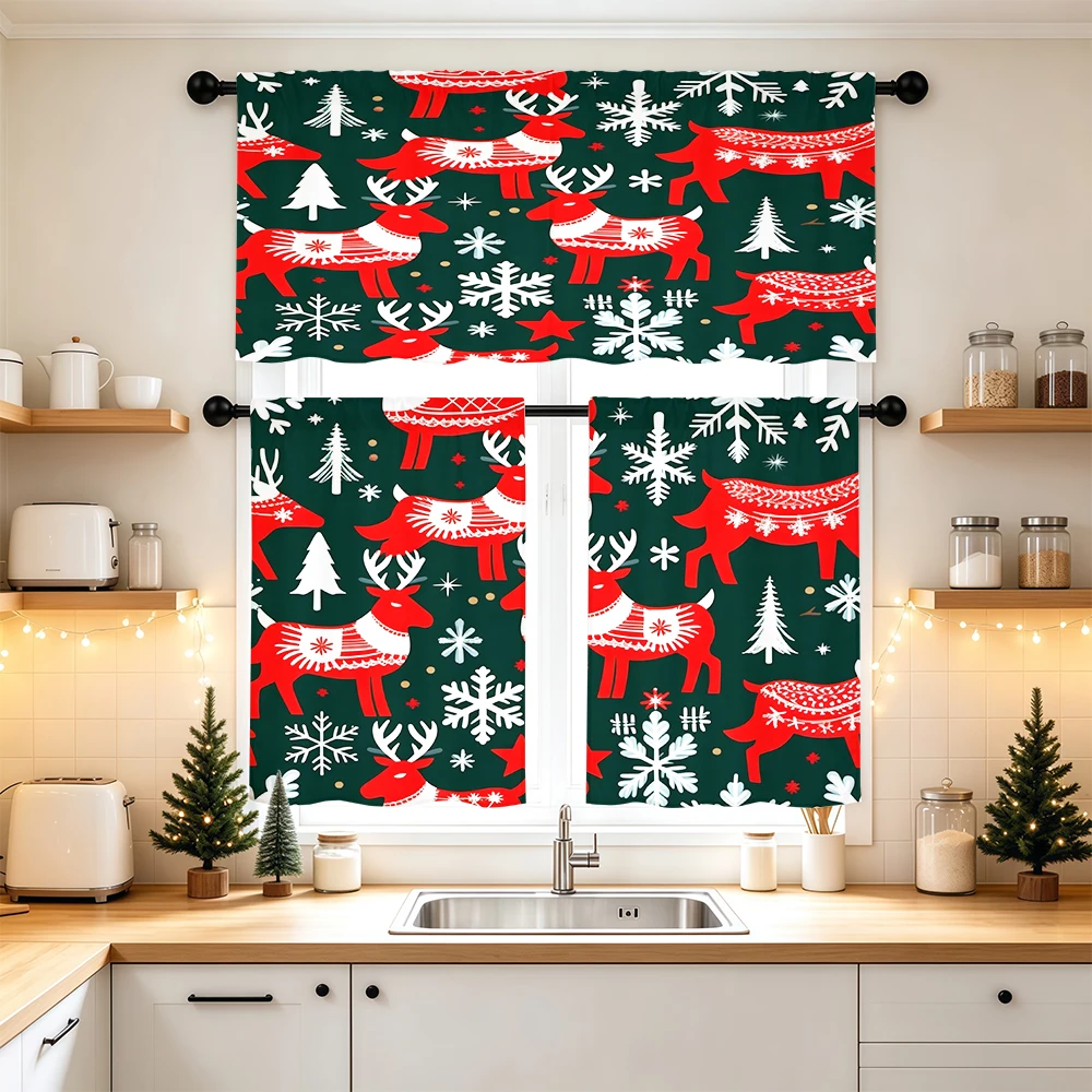Christmas Kitchen Curtains, Red Reindeer Nordic Pattern, Digital Print, Kitchen Dining Room, Rod Pocket Polyester, Home Decor