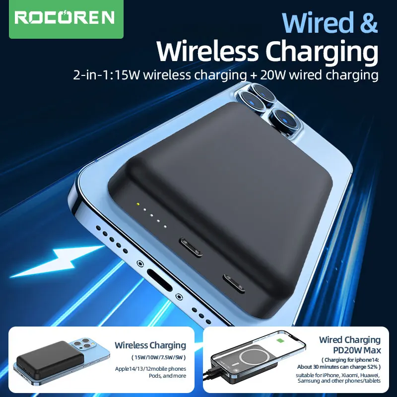 Rocoren Power Bank Wireless Magnetic Powerbank 10000mAh 5000mAh Mini Folding Stand External Battery For iPhone 14 13 12 Pro Max