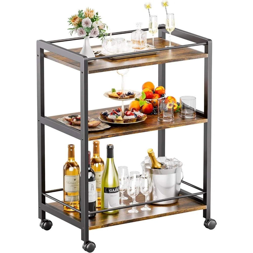 Bar Cart for The Home, Home Bar Serving Cart with Wheels and Storage Shelves, 3 Tier Rolling Liquor Beverage Cart for Kit