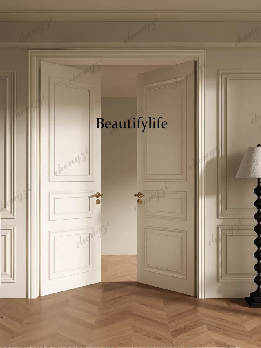 K153   Customization White Paint Medieval Style Hinged Wooden Door Stick Lines Midcentry Deep Lines Double Door Three Three Boxe