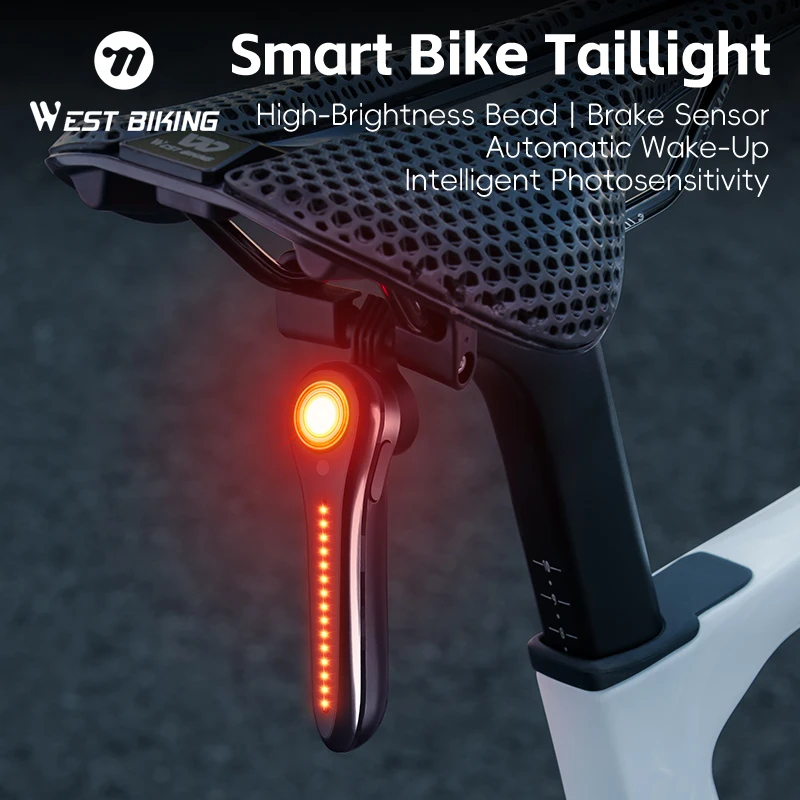 WEST BIKING Smart Bicycle Brake Light IPX6 Waterproof Type-C Bike Tail Rear Light Auto Stop LED Warning Safety Cycling Light