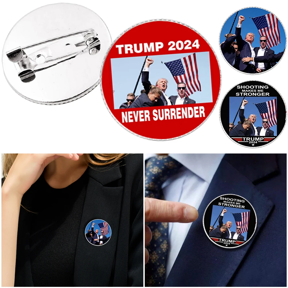 USA Flag Funny Print Dome Brooches Never Stop Fighting Man 2024 Pins Photo Glass Brooch Souvenir Creative Souvenir Gifts