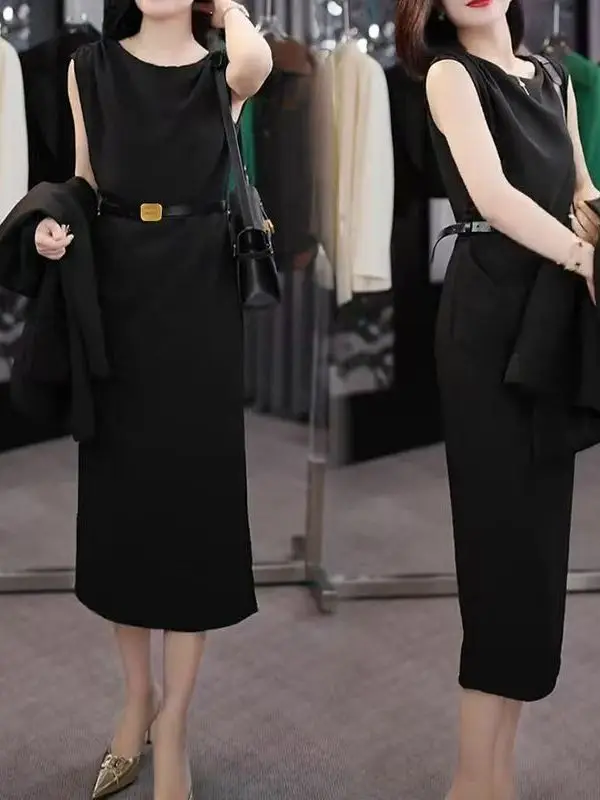 

Модный деловой костюм-платье в корейском стиле с завышенной талией, длинными рукавами, из полиэстера, для весны и лета, повседневный, для офиса, больших размеров