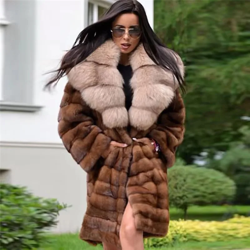 BFFUR Luxury Natural Real Mink Fur Coat With Fox Fur Collar Women Winter Full Sleeve Jackets Female Full Pelt Long Mink Fur