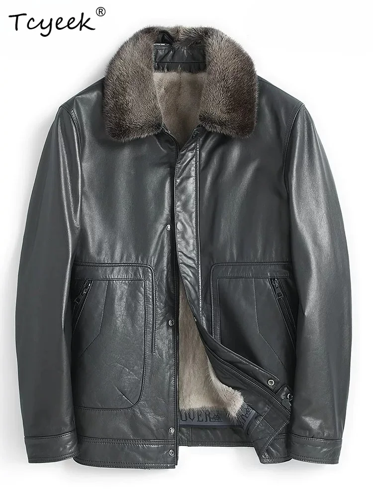Tcyeek Natural Whole Mink Coat Men Top Layer Cowhide Real Leather Jacket Man Fashion Winter Clothes Warm Fur Coats Slim Fit 2026