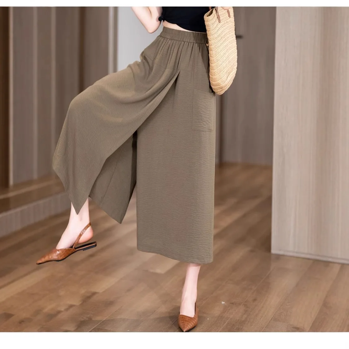 Thin Ice Silk Loose High Waist Slit Casual Wide Leg Pants Spring 2025 New Style Comfortable Loose Fit Women's Casual Trousers