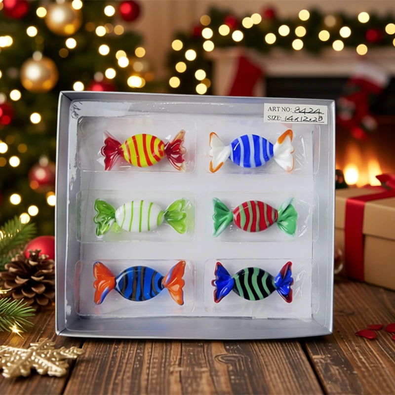 6pcs Colorful Vintage Murano Glass Sweets Crafts Creative Christmas Candy Ornament Home Table Decor Wedding Party New Year Gifts