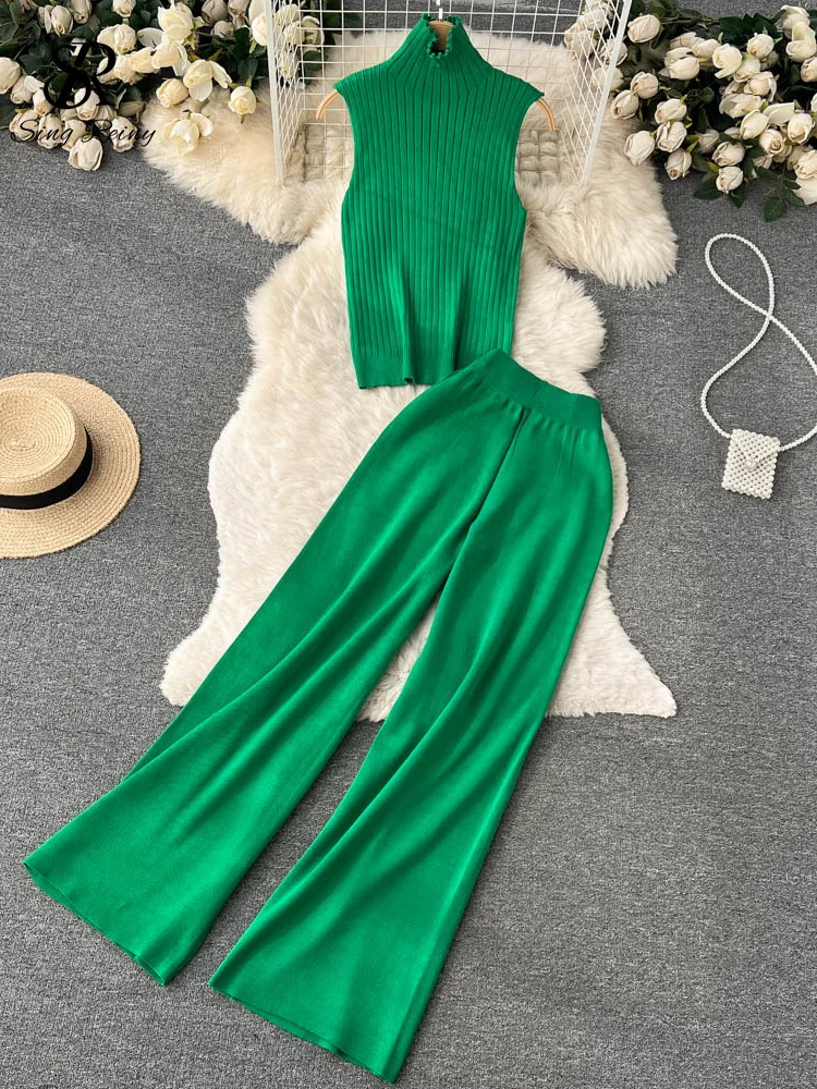 Spring Loose Knitting Suit Women Long Shawl Cardigan Turtleneck Vest Wide Leg Pants Three Piece Set main image 1