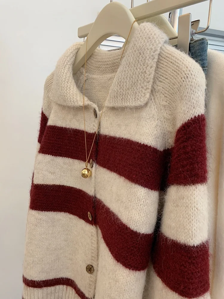 Koreaanse retro gestreept gebreid vest dames herfst winter verdikte kraag bovenkleding trui veelzijdig faionable