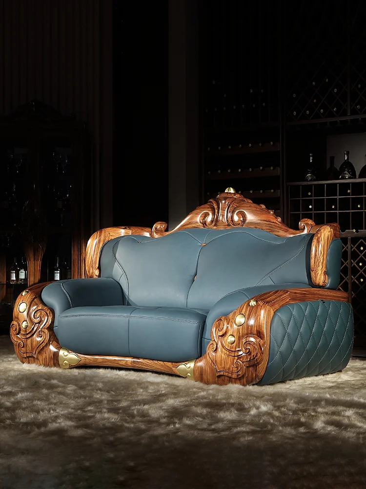 European ebony wood carving flower solid wood leather sofa combination, large apartment copper luxury furniture