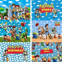 Toy Story fotografia Backdrops dla dzieci chłopiec materiały urodzinowe wystrój błękitne niebo białe chmury ściana zdjęcie z kreskówek tło